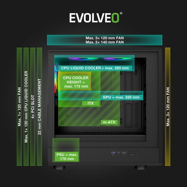 EVOLVEO Panthera, mATX/ 3x ARGB 120/ drevo+sklo 