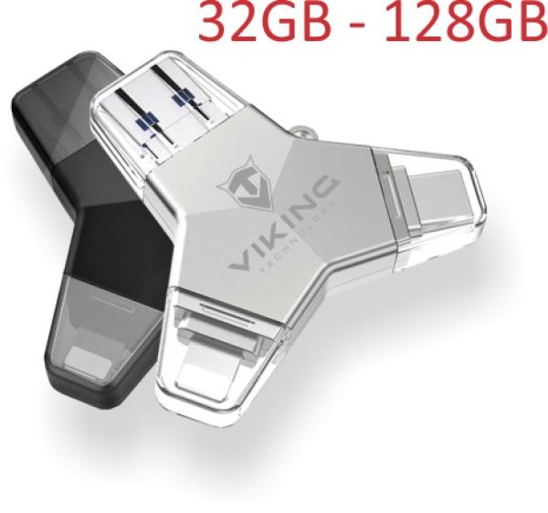 VIKING USB FLASH DISK 3.0 4v1 64GB, S KONCOVKOU APPLE LIGHTNING, USB-C, MICRO USB, USB3.0, strieborná