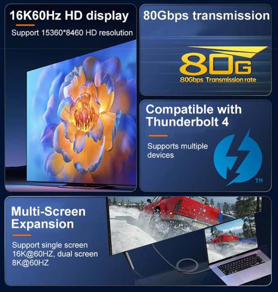 PremiumCord USB4™ Version2.0 80Gbps 16K@60Hz 240W Thunderbolt 3 a 4 kábel zahnutý 1, 2m 