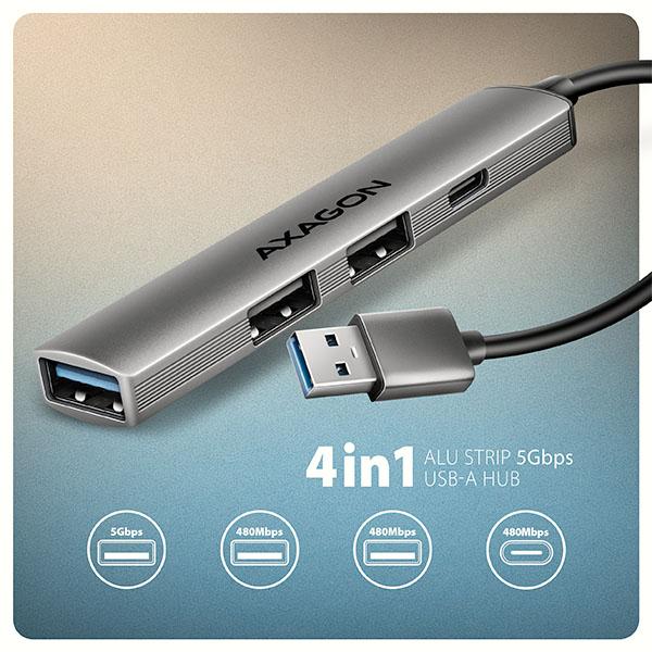 AXAGON HUE-STA, 4x USB ALU STRIP hub, 1x USB-A 5Gbps, 2x USB-A & 1x USB-C 480Mbps, kábel USB-A 12cm 