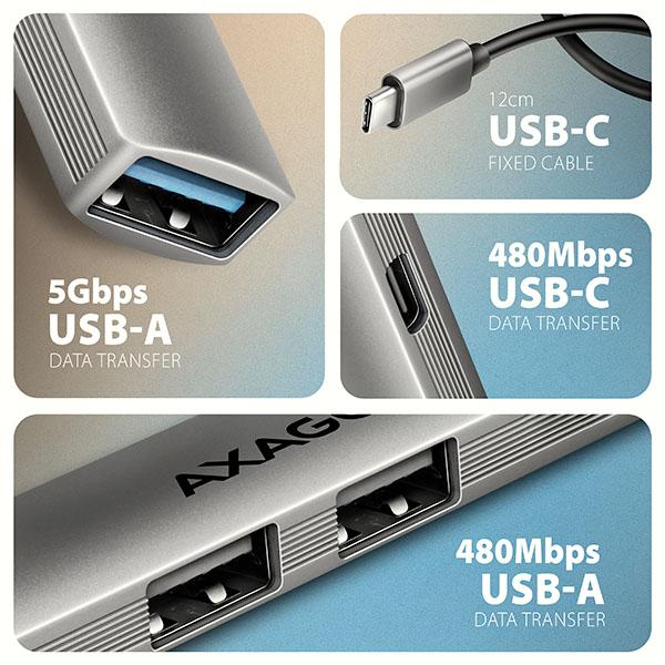 AXAGON HUE-STC, 4x USB ALU STRIP hub, 1x USB-A 5Gbps, 2x USB-A & 1x USB-C 480Mbps, kábel USB-C 12cm 