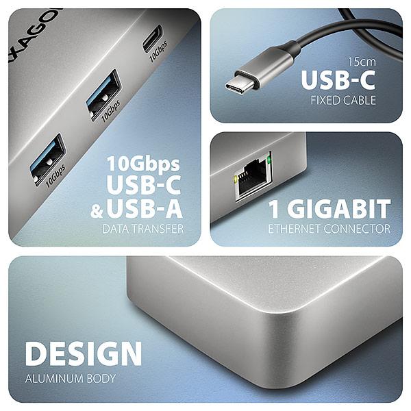 AXAGON HMC-CUB83X2, USB 10Gbps hub, 2x USB-A, USB-C, HDMI & DP 4k/ 144Hz, RJ-45, PD 100W, kábel 15cm 