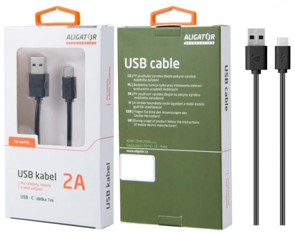 Dátový kábel, USB-C, 2A, 1m, predĺžený konektor 9mm, čierny