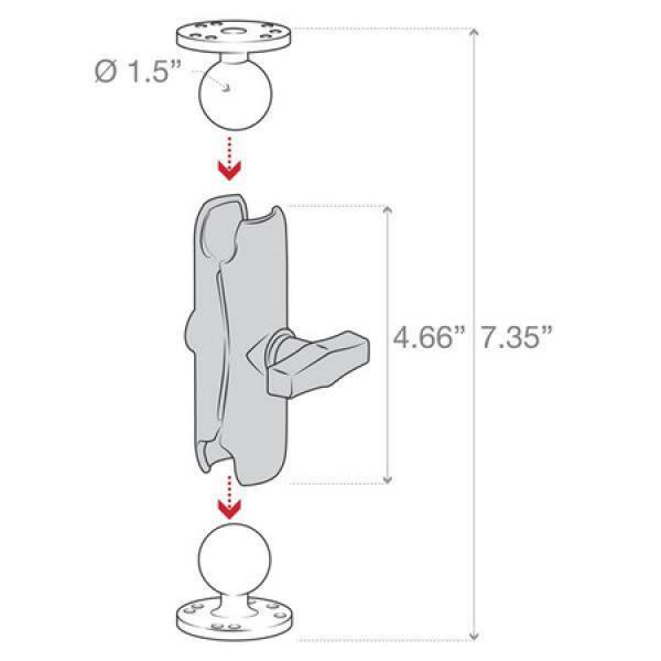 RAM zostava - stredné rameno s dvoma okrúhlymi základňami 2, 5" a guľovým kĺbom 1, 5" 