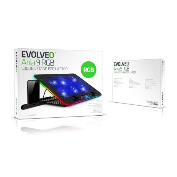 EVOLVEO Ania 9, chladiaca podložka pod notebook, 6x ventilátor, RGB obvodové podsvietenie 