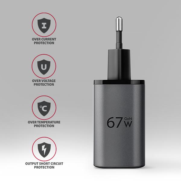 AXAGON ACU-PQ67D GaN nabíjačka do siete 67W, USB-A+USB-C, PD3.0/ PPS/ QC4+/ SFC2.0/ Apple, LCD display 