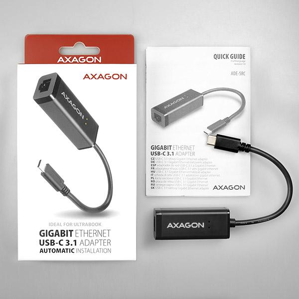 AXAGON ADE-SRC, USB-C 3.2 Gen 1 - Gigabit Ethernet sieťová karta, auto inštal, čierna 