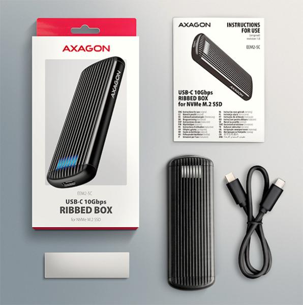 AXAGON EEM2-SC, USB-C 10Gbps externý box pre M.2 NVMe SSD, bezskrutkový, rebrovaný hliník 
