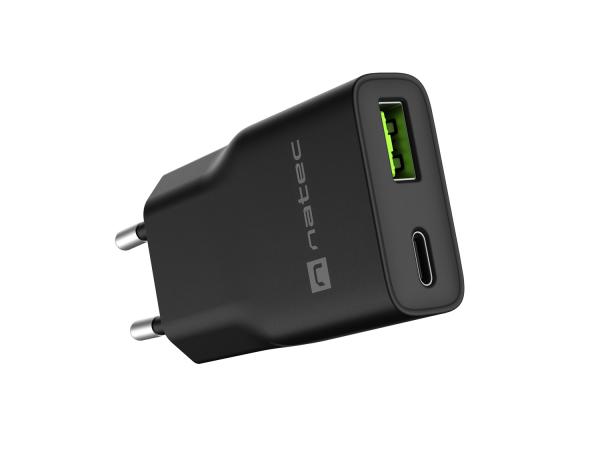 Univerzálna USB nabíjačka Natec RIBERA GaN SLIM, 20 W, 1X USB-A + 1X USB-C, Čierna 