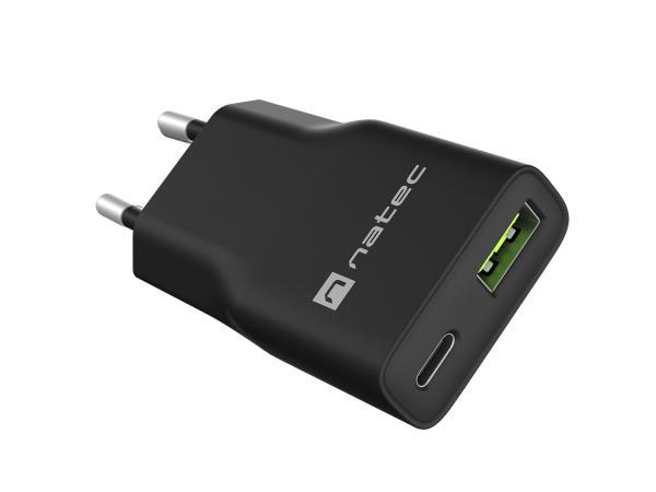 Univerzálna USB nabíjačka Natec RIBERA GaN SLIM, 20 W, 1X USB-A + 1X USB-C, Čierna 