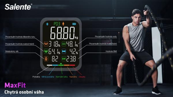 Salente MaxFit, múdra osobná diagnostická fitness váha, Bluetooth, čierna 