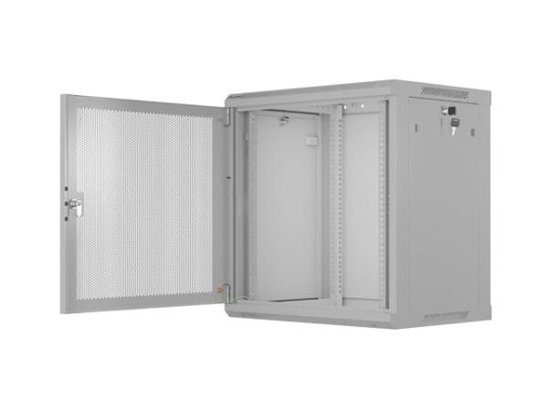 NÁSTENNÁ INŠTALAČNÁ SKRIŇA 19" 12U 600X450 ŠEDÉ PERFOROVANÉ DVERE - PLOCHÉ BALENIE 