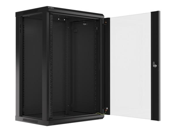 LANBERG 19" RACKOVÁ SKRIŇA PRO MONTÁŽ NA STENU 18U/ 600X450 (FLAT PACK) S PROSKLENÝMI DVERMI ČIERNA V2 