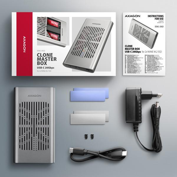 AXAGON EEM2-20GD, USB-C 20Gbps externý box pre dvoch M.2 NVMe SSD s funkciou klonovania 