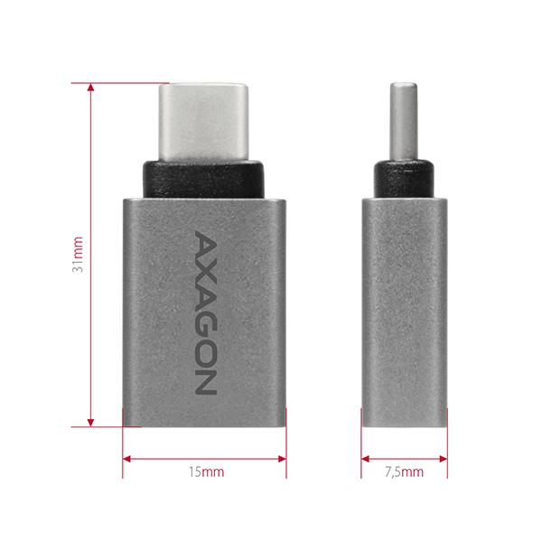 AXAGON RUCM-AFA, redukcia USB-C (M) -> USB-A (F), USB 3.2 Gen 2, 3A, ALU 