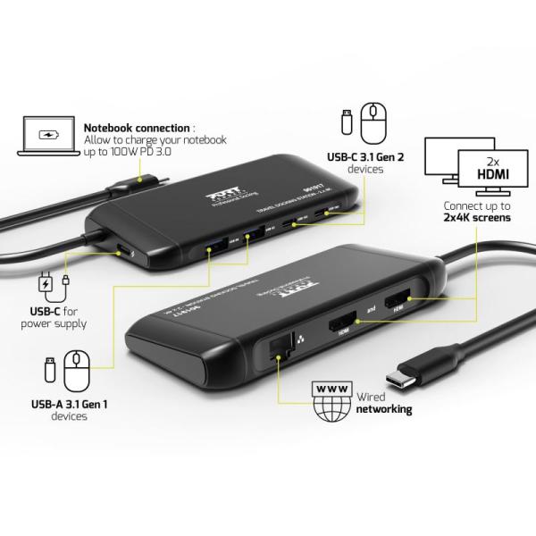 PORT CONNECT Cestovná dokovacia stanica USB-C, 2×4K, 7portov, PD100W 