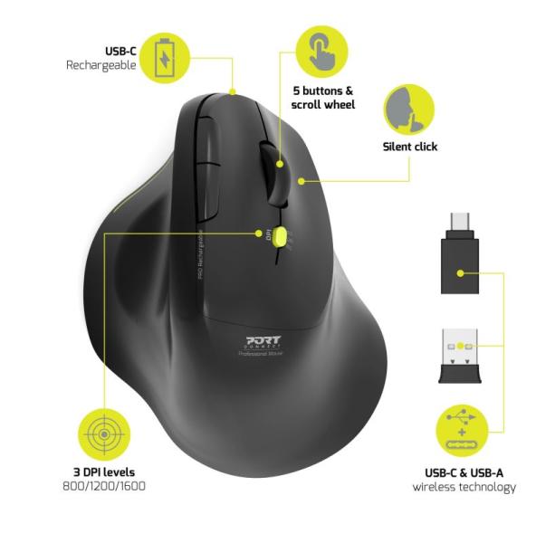 PORT CONNECT ERGO SOFT COLLECTION/ Vertikálna/ Optická/ Pre pravákov/ 1 600 DPI/ USB+BT/ Čierna 