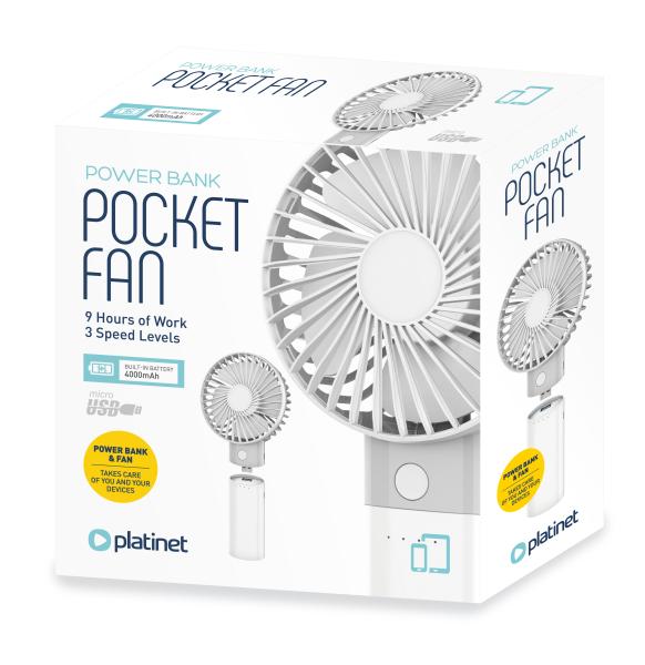 Platinet PRDF6107 vreckový ventilátor 10 cm, funkcia powerbanky 4000 mAh, biela-šedá 