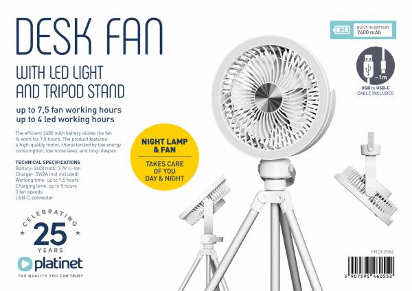 Platinet PRDF0556 stolný ventilátor 14, 5 cm, výškovo nastaviteľný tripod, funkcia nočného osvetlenia, ak 