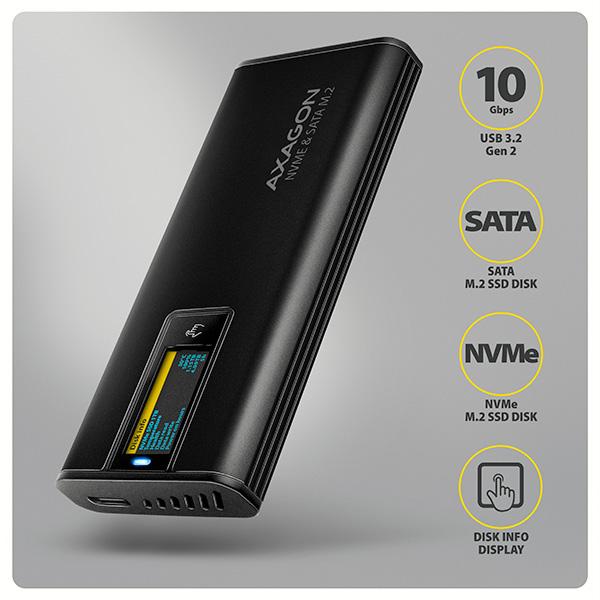 AXAGON EEM2-SD2B, USB-C 10Gbps externý box s displejom pre M.2 NVMe/ SATA SSD, bezskrutkový, čierny 