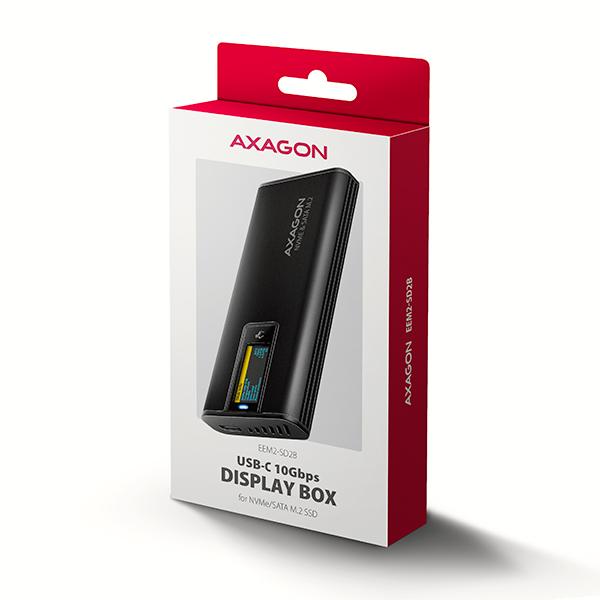 AXAGON EEM2-SD2B, USB-C 10Gbps externý box s displejom pre M.2 NVMe/ SATA SSD, bezskrutkový, čierny 