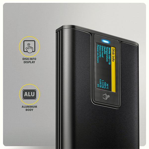 AXAGON EEM2-SD2B, USB-C 10Gbps externý box s displejom pre M.2 NVMe/ SATA SSD, bezskrutkový, čierny 