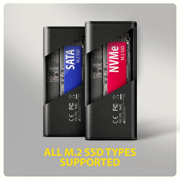 AXAGON EEM2-SD2B, USB-C 10Gbps externý box s displejom pre M.2 NVMe/ SATA SSD, bezskrutkový, čierny 