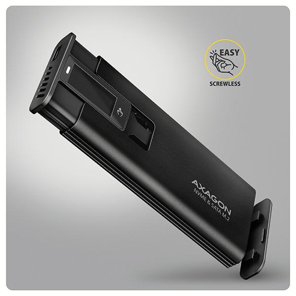 AXAGON EEM2-SD2B, USB-C 10Gbps externý box s displejom pre M.2 NVMe/ SATA SSD, bezskrutkový, čierny 
