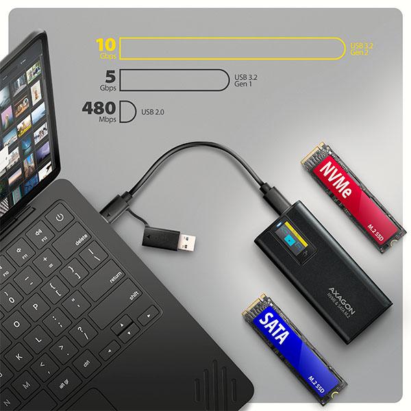 AXAGON EEM2-SD2B, USB-C 10Gbps externý box s displejom pre M.2 NVMe/ SATA SSD, bezskrutkový, čierny 