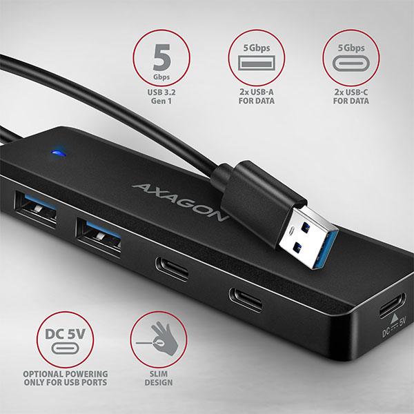 AXAGON HUE-C2A, 4× USB 5Gbps TRAVEL hub, 2× USB-A + 2× USB-C, USB-C napájanie, kábel USB-A 19cm 