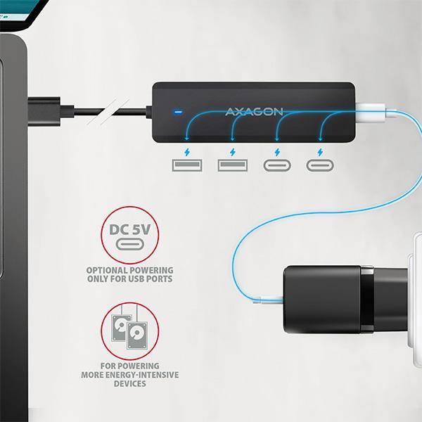 AXAGON HUE-C2A, 4× USB 5Gbps TRAVEL hub, 2× USB-A + 2× USB-C, USB-C napájanie, kábel USB-A 19cm 