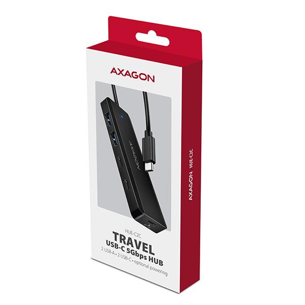 AXAGON HUE-C2C, 4× USB 5Gbps TRAVEL hub, 2× USB-A + 2× USB-C, USB-C napájanie, kábel USB-C 19cm 