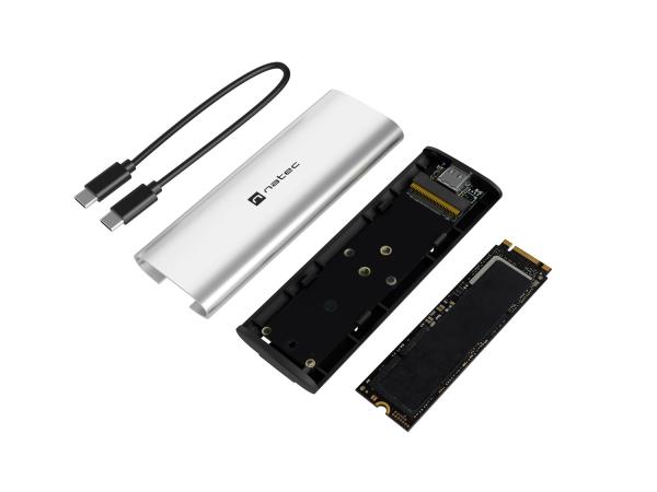 Externý box pre SSD Natec RHINO M.2 NVME LITE USB-C 3.2 GEN 2, hliníkové telo, ARCTIC SILVER 