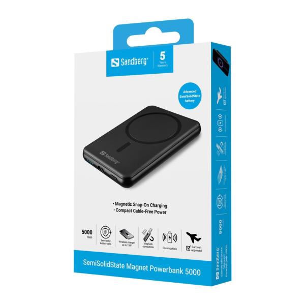 Sandberg SemiSolidState Magnet Powerbank 5000 mAh PD20W, magnetická powerbanka, čierna 