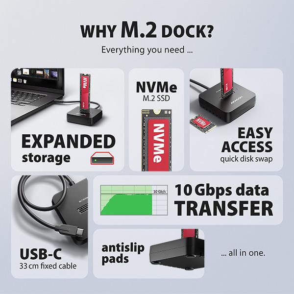AXAGON ADSA-M2C11L, USB-C 10Gbps dokovacia stanica pre 1× M.2 NVMe SSD 