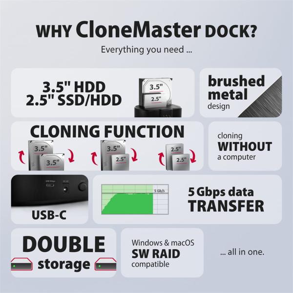 AXAGON ADSA-SC, USB-C 5Gbps dokovacia stanica pre 2x SATA 6G 2.5"/ 3.5" SSD/ HDD s funkciou klonovania 