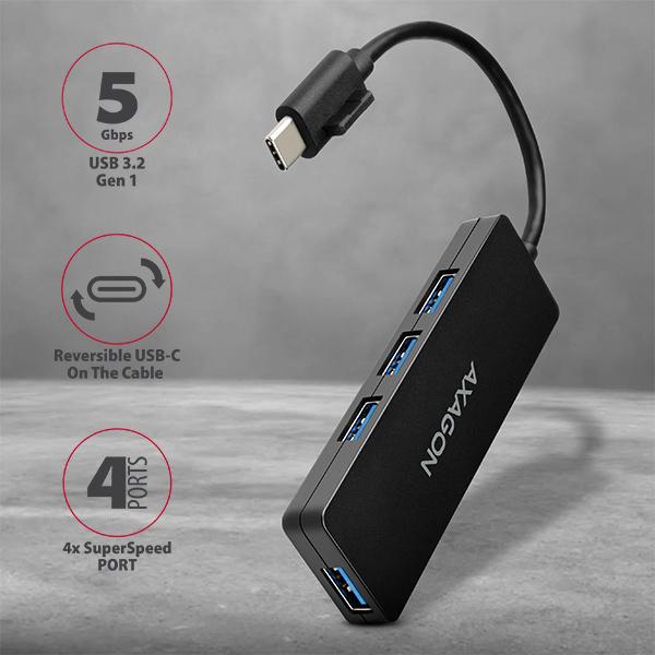 AXAGON HUE-G1C, 4x USB 3.2 Gen 1 SLIM hub, kábel Type-C 14cm napevno 