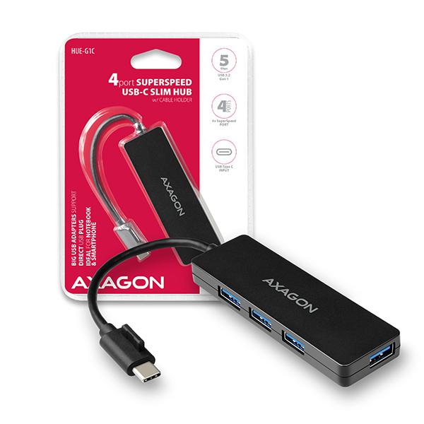 AXAGON HUE-G1C, 4x USB 3.2 Gen 1 SLIM húb, kábel Type-C 14cm napevno