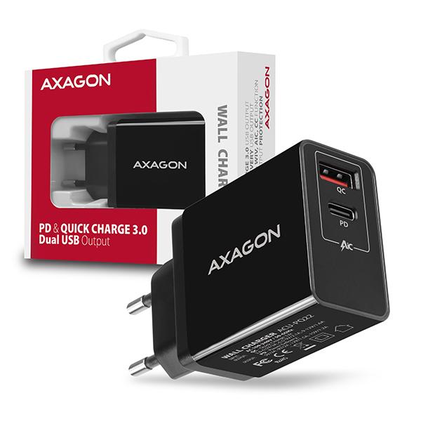 AXAGON ACU-PQ22, PD & QC nabíječka do sítě 22W, 2x port (USB-A + USB-C), PD3.0/ QC3.0/ AFC/ FCP/ Apple, 
