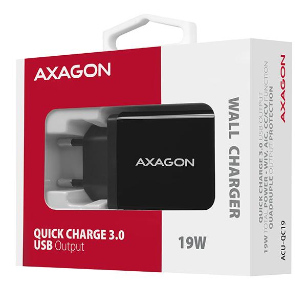AXAGON ACU-QC19, QC nabíječka do sítě 19W, 1x USB-A port, QC3.0/ AFC/ FCP/ SMART, černá 