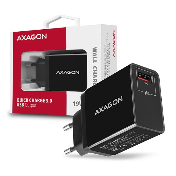 AXAGON ACU-QC19, QC nabíječka do sítě 19W, 1x USB-A port, QC3.0/ AFC/ FCP/ SMART, černá