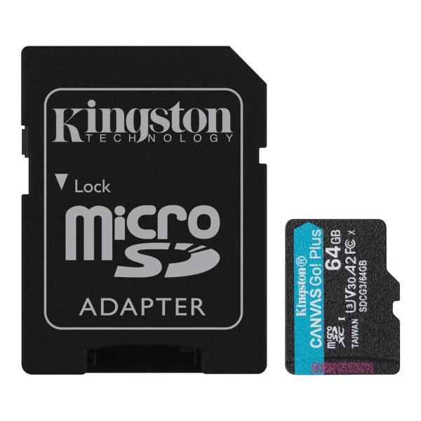 Kingston MicroSDXC karta 64GB Canvas Go! Plus,  R:170/ W:70MB/ s,  Class 10,  UHS-I,  U3,  V30,  A2 + Adaptér