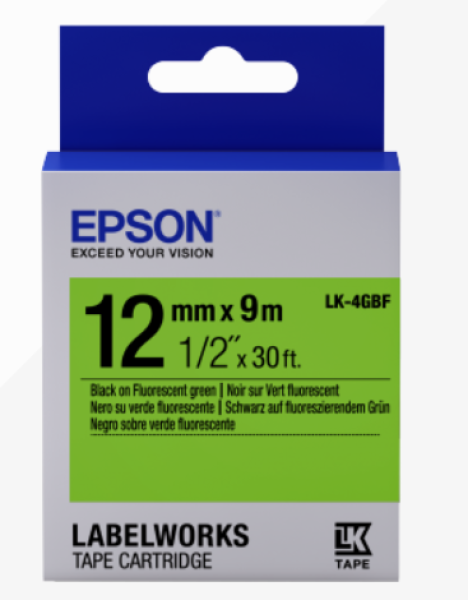 Epson Label Cartridge Fluorescent LK-4GBF Black/ Green 12mm (9m)