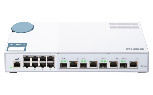 QNAP riadený switch QSW-M408-4C (12 portov: 8x Gigabit port + 4x 10G SFP+ / 10GbE kombo porty) 