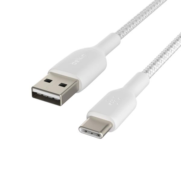 BELKIN kábel opletaný USB-C - USB-A, 2m, biely 