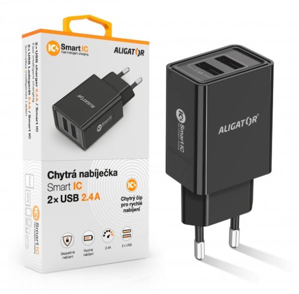 ALIGATOR Chytrá sieťová nabíjačka 2, 4 A, 2xUSB, smart IC, čierna