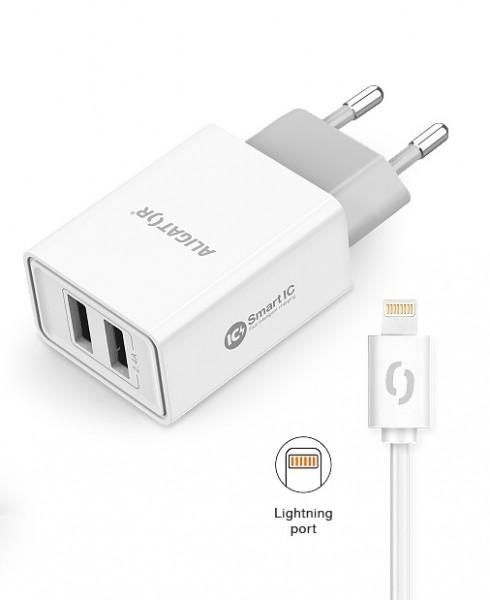 ALIGATOR Chytrá sieťová nabíjačka 2, 4A, 2xUSB, smart IC, biela, USB kábel pre iPhone / iPad 
