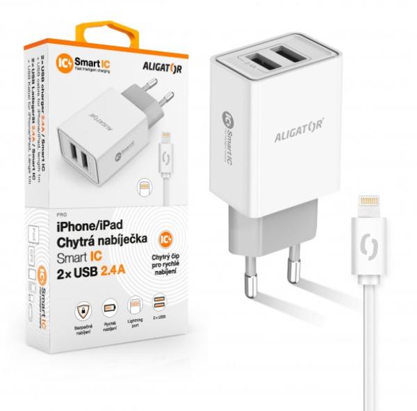 ALIGATOR Chytrá síťová nabíječka 2, 4A, 2xUSB, smart IC, bílá, USB kabel pro iPhone/ iPad