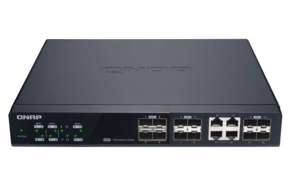 QNAP riadený switch QSW-M1204-4C: 12x 10G port SFP+ (8x SFP+ a 4x kombinované SFP+ / RJ-45) 