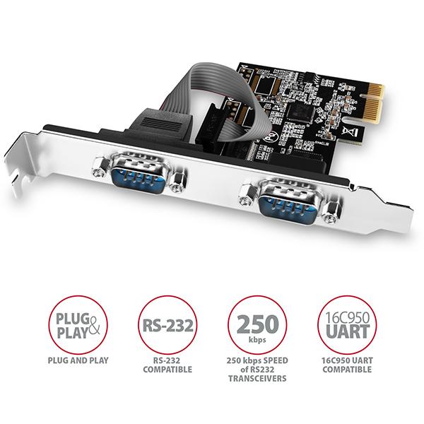 AXAGON PCEA-S2N, PCIe radič - 2x sériový port (RS232) 250 kbps, vr. LP 